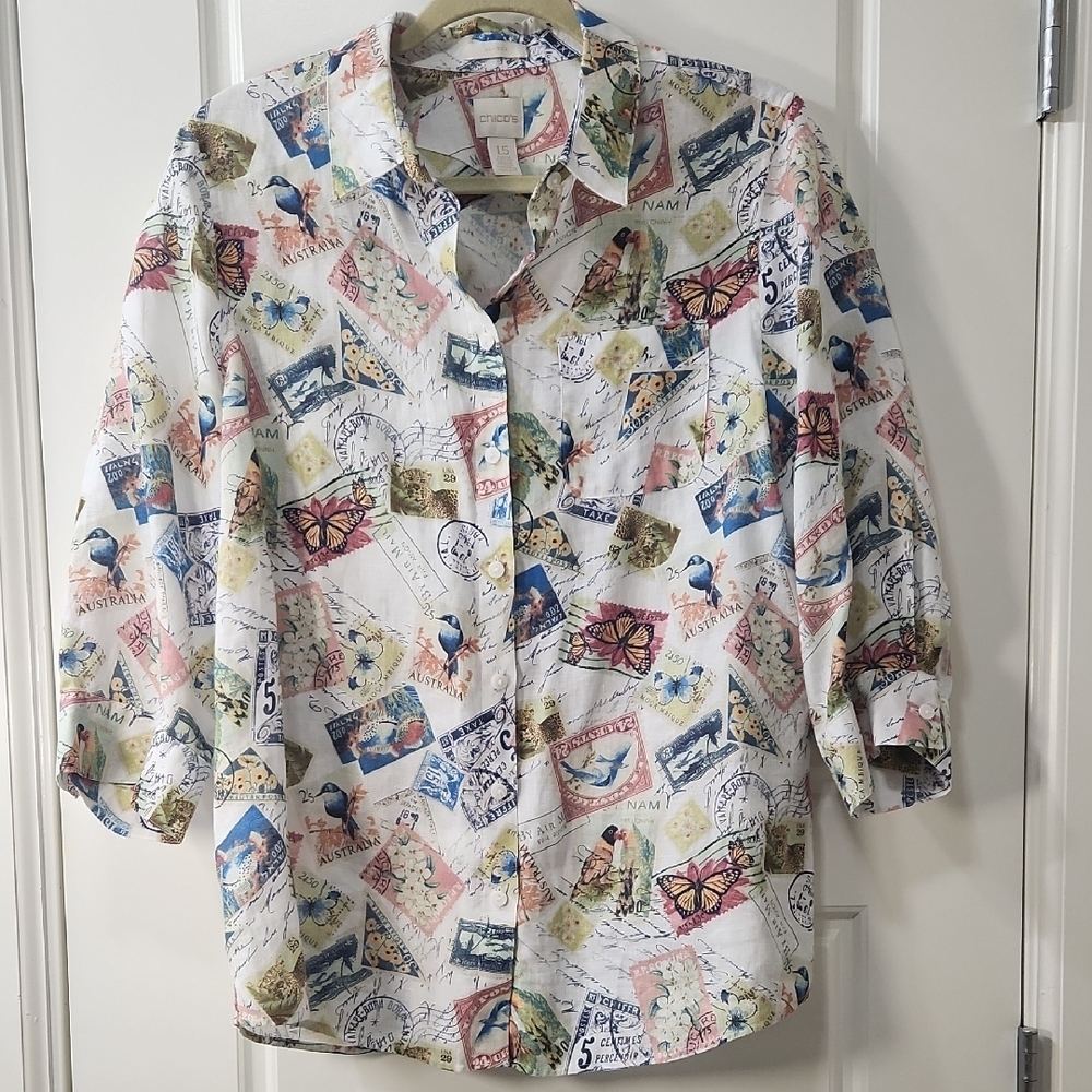 Chico's Multicolor Stamp Print Linen Blouse - Small